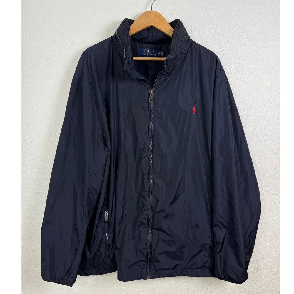 Polo Ralph Lauren Men XLT Windbreaker Jacket Navy Blue Full Zip Hooded Pony Prep